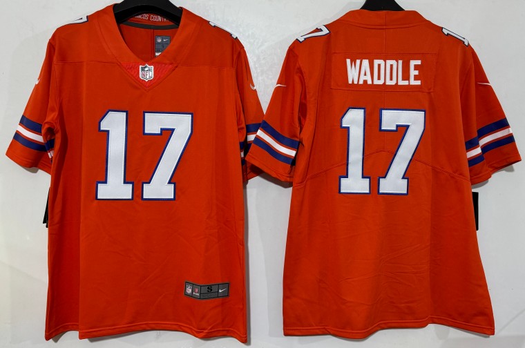 Men's Denver Broncos #17 Jaylen Waddle Orange Mile High Collection 1977 Throwback Vapor Limited Stitched Football Jersey