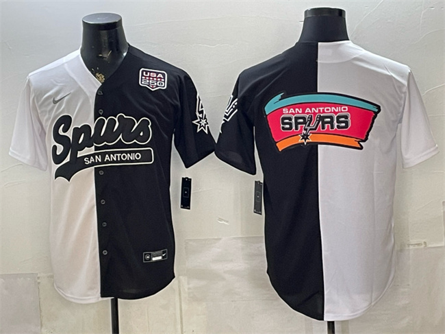 Men's San Antonio Spurs Team Big Logo White Black Split USA 250' Patch Stitched Baseball Jersey
