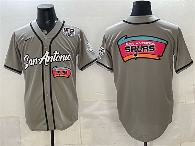 Men's San Antonio Spurs Team Big Logo Grey USA 250' Patch Stitched Baseball Jersey