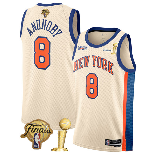 Men's New Yok Knicks #8 OG Anunoby Cream 2026 Finals Patch And Finals Champions Patch City Edition Stitched Basketball Jersey