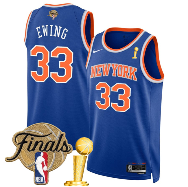 Men's New Yok Knicks #33 Patrick Ewing Blue 2026 Finals Patch And Finals Champions Patch  Icon Edition Stitched Basketball Jersey