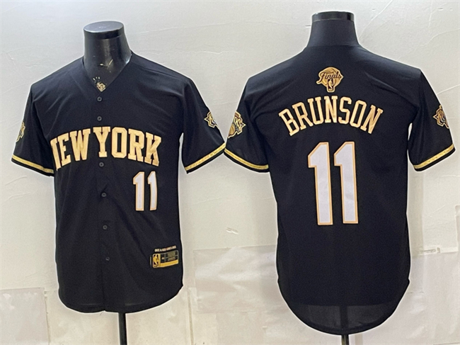 Men's New Yok Knicks #11 Jalen Brunson Black Gold 2026 Finals Patch Stitched Baseball Jersey