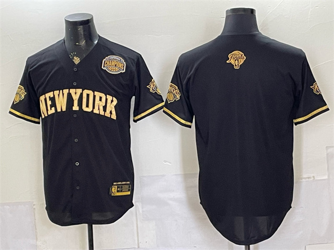 Men's New York Knicks Blank Black Gold 2026 Finals & Eastern Conference Champions Patch Stitched Baseball Jersey