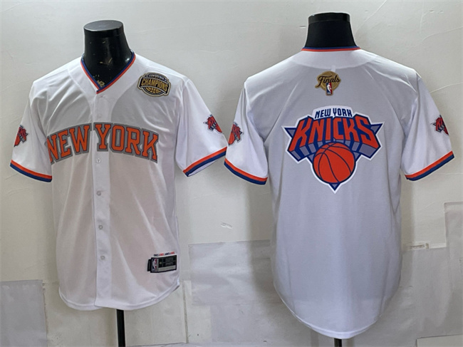Men's New York Knicks Team Big Logo White 2026 Finals & Eastern Conference Champions Patch Stitched Baseball Jersey