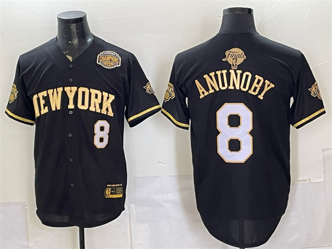 Men's New York Knicks #8 OG Anunoby Black Gold 2026 Finals & Eastern Conference Champions Patch Stitched Baseball Jersey