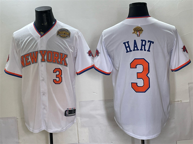 Men's New York Knicks #3 Josh Hart White 2026 Finals & Eastern Conference Champions Patch Stitched Baseball Jersey