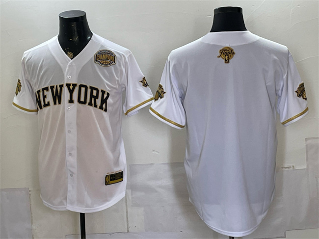 Men's New York Knicks Blank White Gold 2026 Finals & Eastern Conference Champions Patch Stitched Baseball Jersey