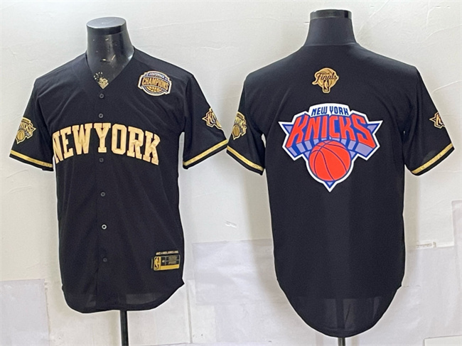 Men's New York Knicks Team Big Logo Black Gold 2026 Finals & Eastern Conference Champions Patch Stitched Baseball Jersey