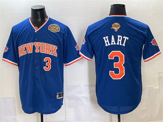 Men's New York Knicks #3 Josh Hart Royal 2026 Finals & Eastern Conference Champions Patch Stitched Baseball Jersey