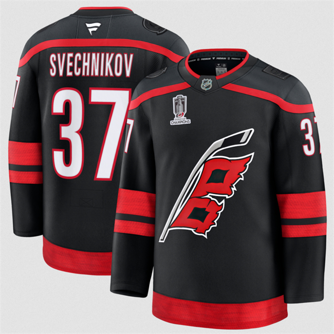 Men's Carolina Hurricanes #37 Andrei Svechnikov Black 2026 Stanley Cup Champions Home Stitched Hockey Jersey