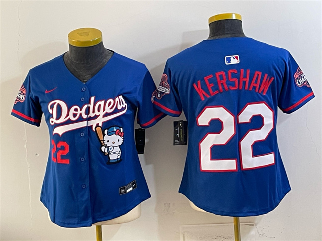 Youth Los Angeles Dodgers #22 Clayton Kershaw Royal Hello Kitty Night 2025 World Series Champions Patch Stitched Baseball Jersey