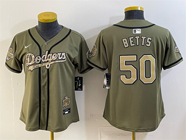 Youth Los Angeles Dodgers #50 Mookie Betts Olive 2026 Military Appreciation Game Day Stitched Baseball Jersey