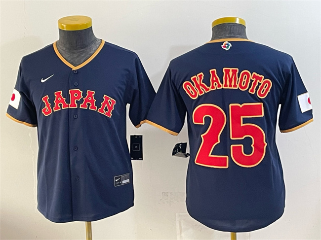 Youth Japan Baseball #25 Kazuma Okamoto Navy 2026 World Baseball Classic Road Stadium Stitched Baseball Jersey