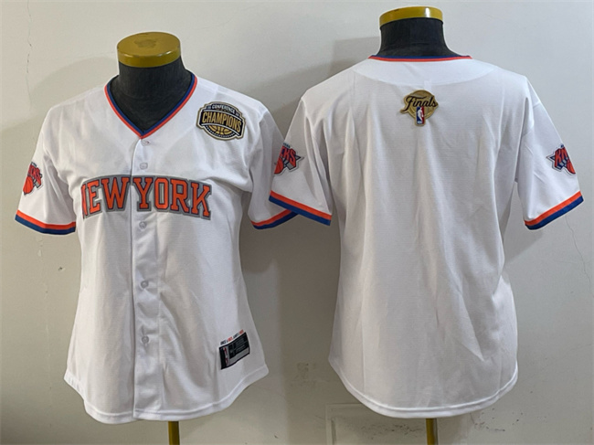 Women's New York Knicks Blank White 2026 Finals & Eastern Conference Champions Patch Stitched Baseball Jersey