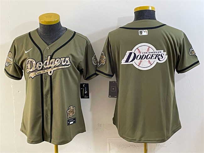 Women's Los Angeles Dodgers Team Big Logo Olive 2026 Military Appreciation Game Day Stitched Baseball Jersey(Run Small)
