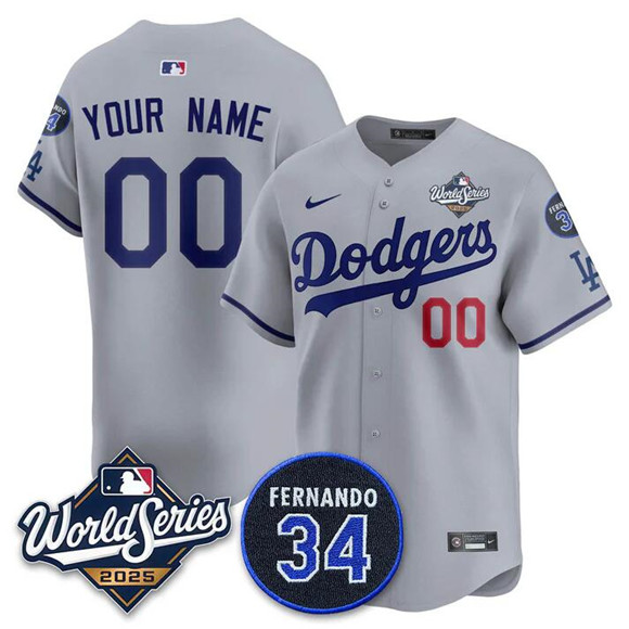 Women's Los Angeles Dodgers ACTIVE PLAYER Custom Grey 2025 World Series With No.34 Patch Limited Stitched Baseball Jersey(Run Small)