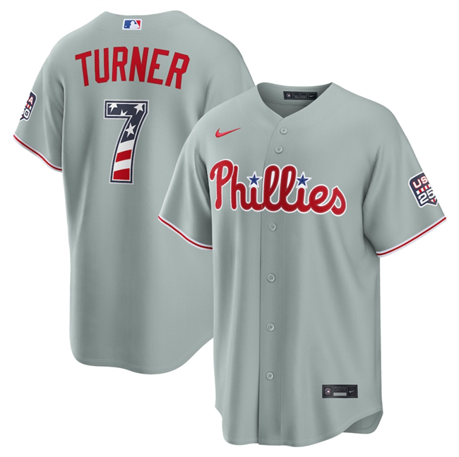 Men's Philadelphia Phillies #7 Trea Turner Grey USA 250 Fourth of July Home Stitched Baseball Jersey