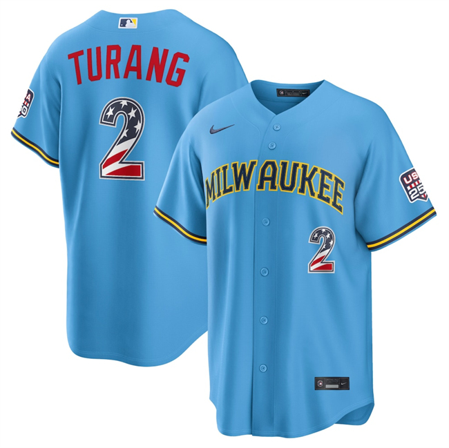 Men's Milwaukee Brewers #2 Brice Turang Blue 2026 USA 250 Fourth of July Home Stadium Stitched Baseball Jersey