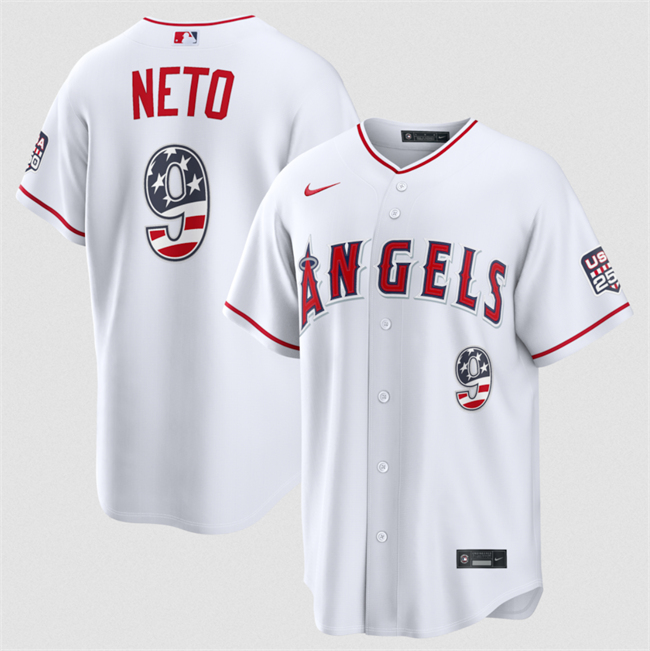 Men's Los Angeles Angels #9 Zach Neto 2026 White USA 250 Fourth of July Home Stadium Stitched Baseball Jersey