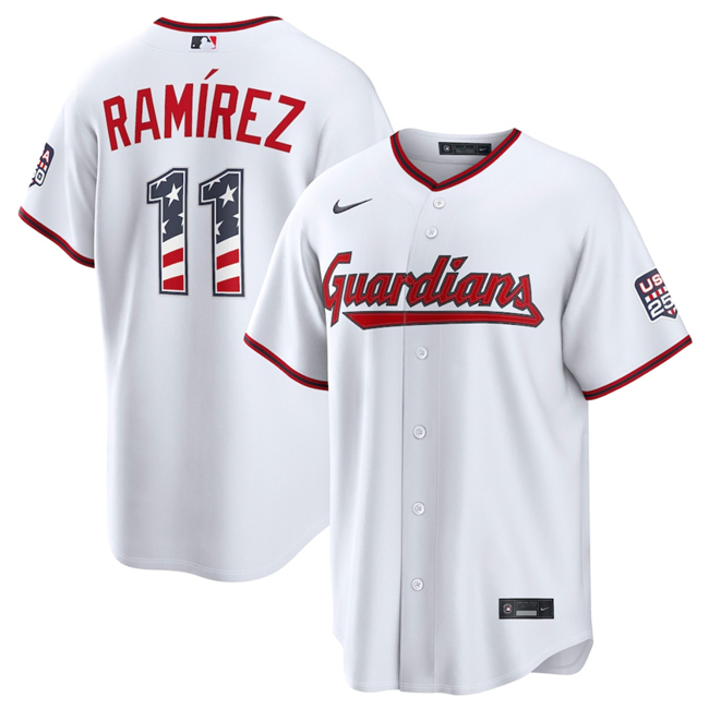 Men's Cleveland Guardians #11 Jose Ramirez White USA 250 Fourth of July Home Stitched Baseball Jersey