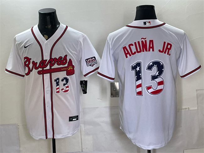 Men's Atlanta Braves #13 Ronald Acuna Jr. White USA 250 Fourth of July Home Stadium Stitched Baseball Jersey