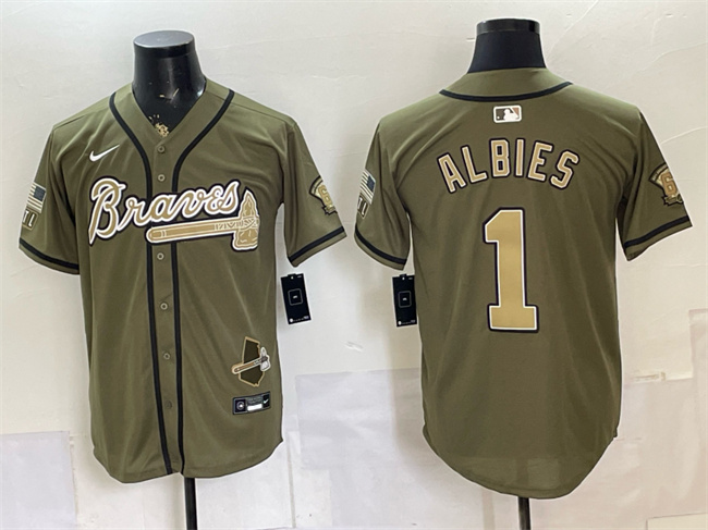 Men's Atlanta Braves #1 Ozzie Albies Olive 2026 Armed Forces Day Stitched Baseball Jersey