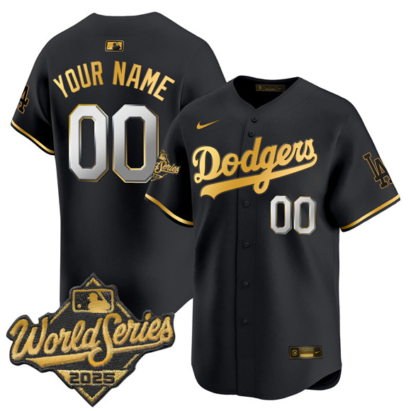 Men's Los Angeles Dodgers Custom Black Gold 2025 World Series Gold Trim Vapor Premier Limited Stitched Baseball Jersey