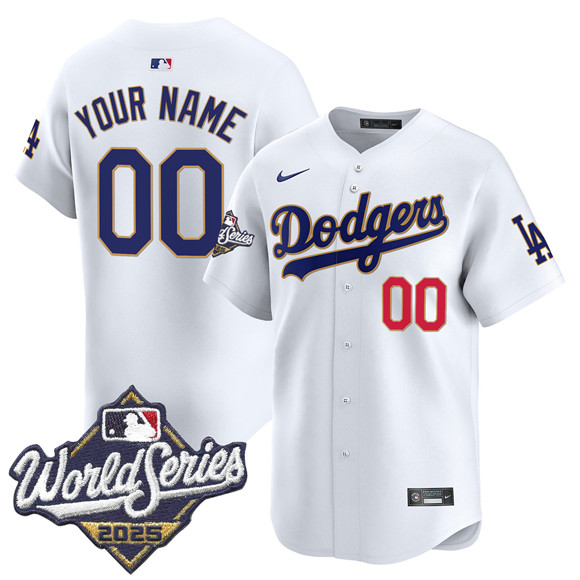 Men's Los Angeles Dodgers Custom White 2025 World Series Gold Trim Vapor Premier Limited Stitched Baseball Jersey
