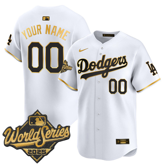 Men's Los Angeles Dodgers Custom White Gold 2025 World Series Gold Trim Vapor Premier Limited Stitched Baseball Jersey