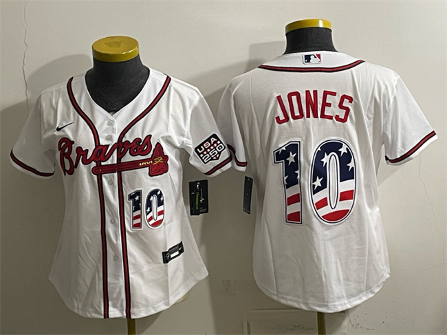 Women's Atlanta Braves #10 Chipper Jones White USA 250 Fourth of July Home Stadium Stitched Baseball Jersey(Run Small)