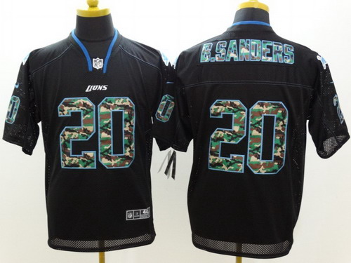 Nike Detroit Lions #20 Barry Sanders Black With Camo Elite Jersey