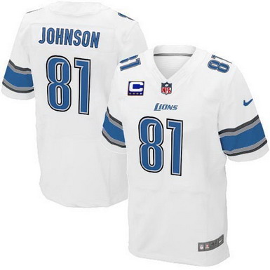 Nike Detroit Lions #81 Calvin Johnson White C Patch Elite Jersey