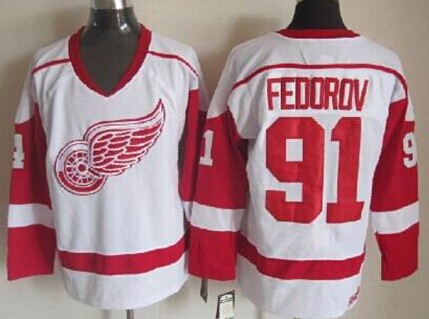 Detroit Red Wings #91 Sergei Fedorov White Throwback CCM Jersey