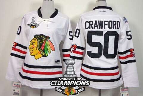 Chicago Blackhawks #50 Corey Crawford 2015 Winter Classic White Womens Jersey W/2015 Stanley Cup Champion Patch