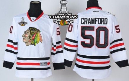 Chicago Blackhawks #50 Corey Crawford White Kids Jersey W/2015 Stanley Cup Champion Patch