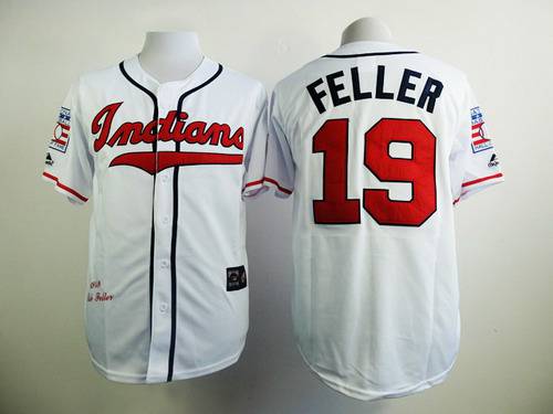 Cleveland Indians #19 Bob Feller 1948 Hall of Fame White Throwback Jersey