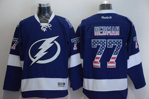 Men's Tampa Bay Lightning #77 Victor Hedman USA Flag Fashion Blue Jersey