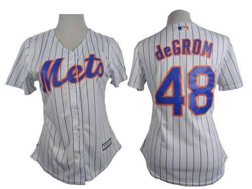 Women's New York Mets #48 Jacob DeGrom White With Blue Pinstripe Jersey